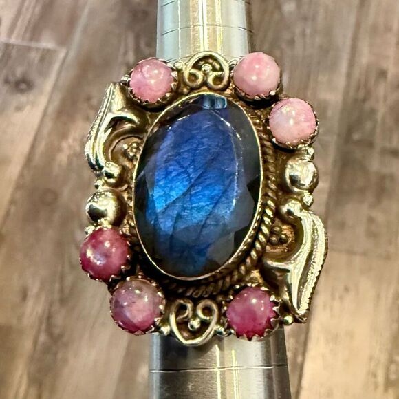 Stunning Unique Labradorite And Opal Statement Ring Southwestern Framed Size 8